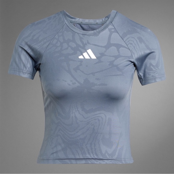 Adidas Women's Techfit Printed Workout Patterned Gray Short Sleeve Tee - Picture 1 of 3